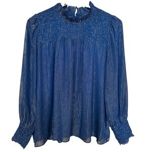 Ann Taylor Navy Blue Sparkle Blouse with Ruffle Neck